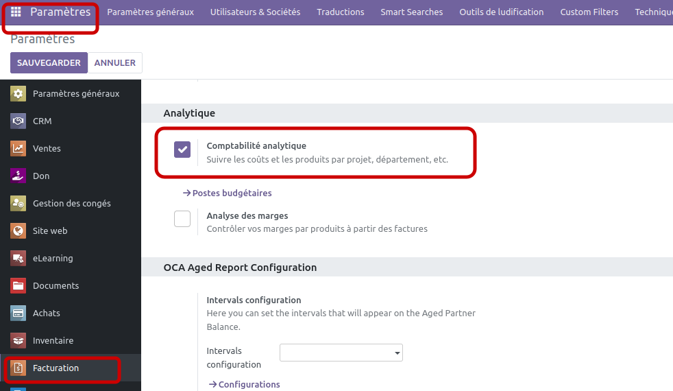 Capture d'écran du chemin d'accès au menu d'activation de la comptabilité analytique