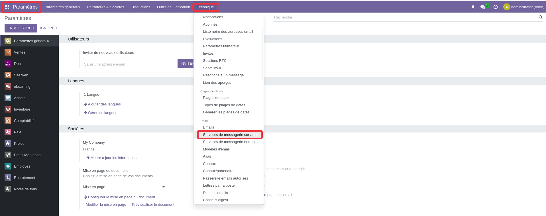 Capture d'écran du chemin d'accès au menu de paramétrage du serveur d'emails SMTP